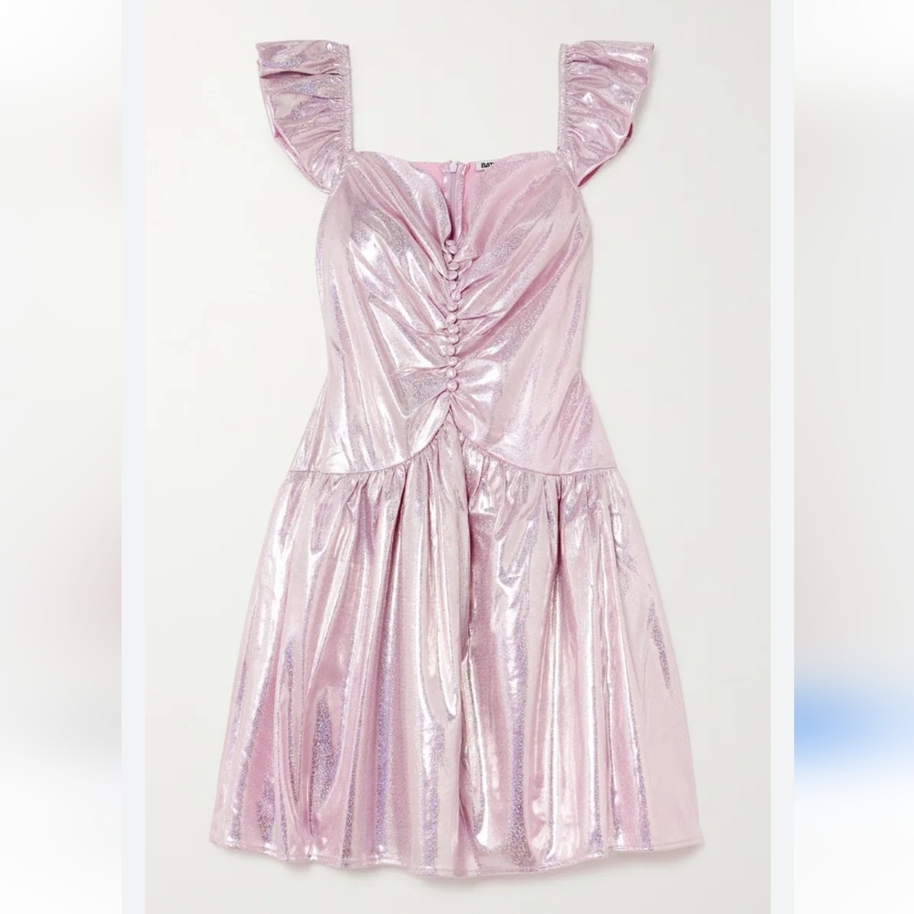 NWOT Batsheva Wendy Ruched Holographic Lamé Mini Dress In Baby Pink